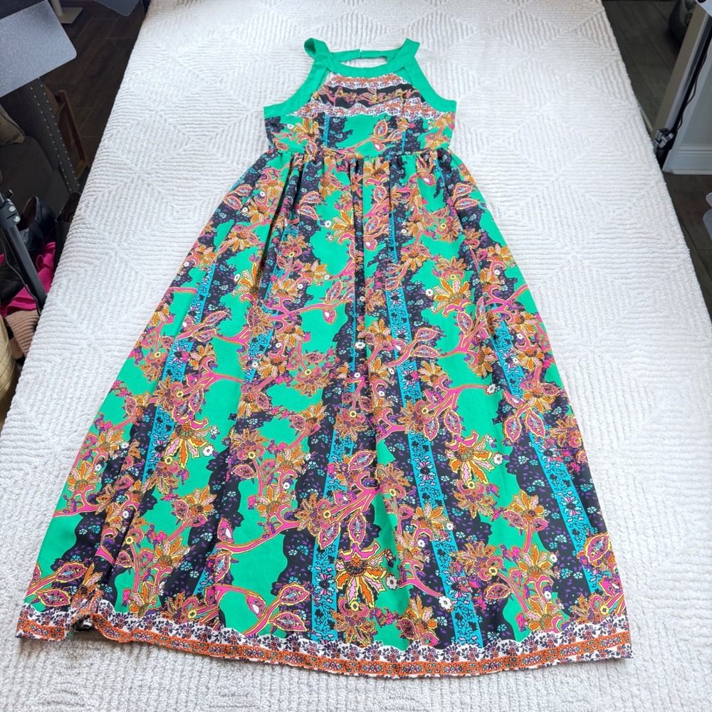 Gianni Bini Maxi Dress Women XL Green Halter Tropical Psychedelic Resort Garden